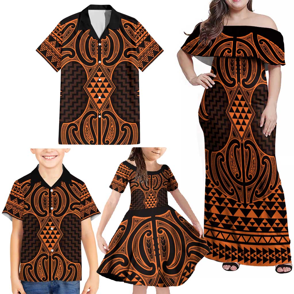 Karaka Maori Ta Moko Poutama Art Family Matching Off Shoulder Maxi Dress and Hawaiian Shirt