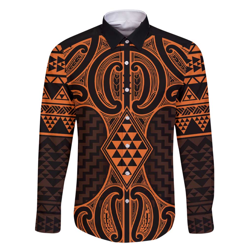 Karaka Maori Ta Moko Poutama Art Family Matching Short Sleeve Bodycon Dress and Hawaiian Shirt LT9 Dad's Shirt - Long Sleeve Gold - Polynesian Pride