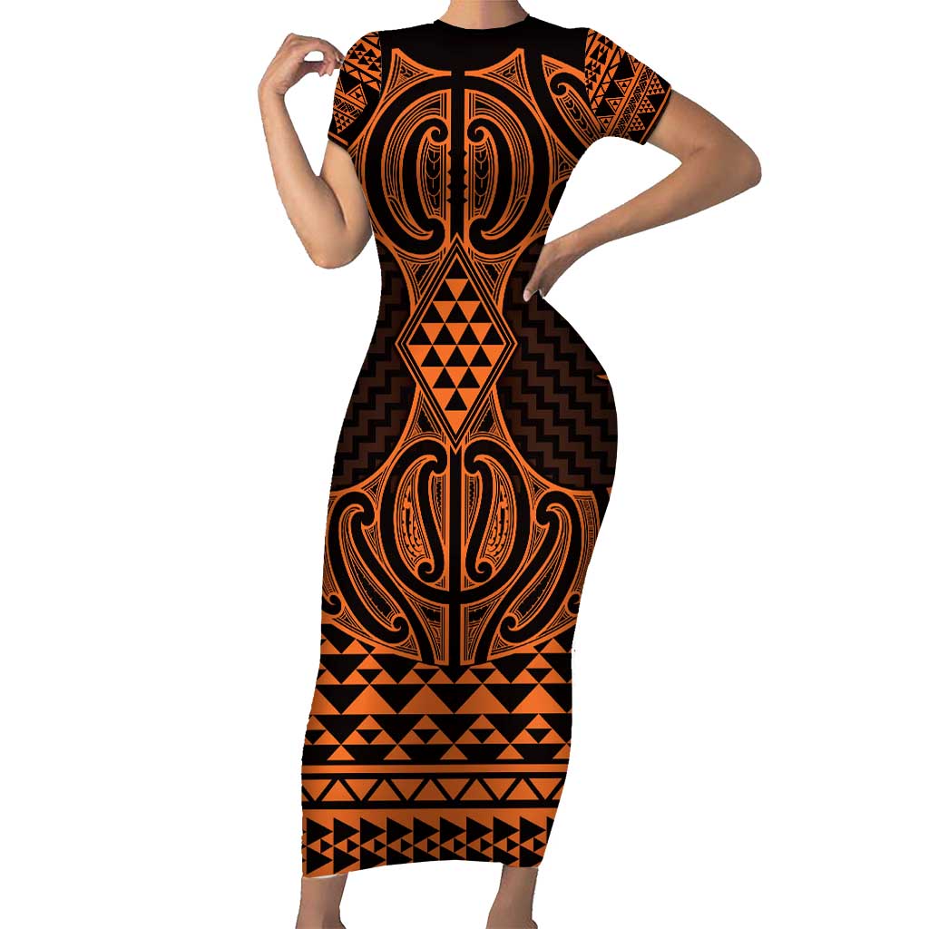 Karaka Maori Ta Moko Poutama Art Short Sleeve Bodycon Dress