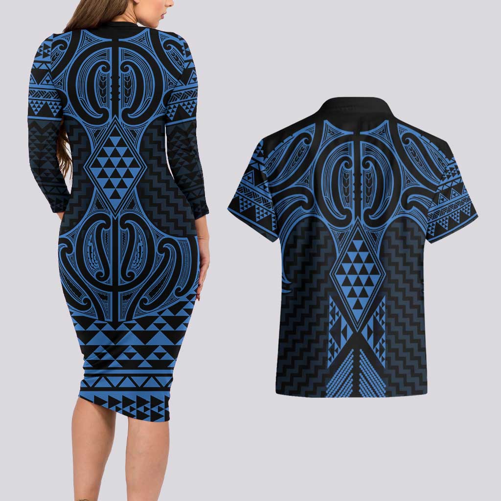 Kikorangi Maori Ta Moko Poutama Art Couples Matching Long Sleeve Bodycon Dress and Hawaiian Shirt