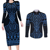 Kikorangi Maori Ta Moko Poutama Art Couples Matching Long Sleeve Bodycon Dress and Long Sleeve Button Shirt