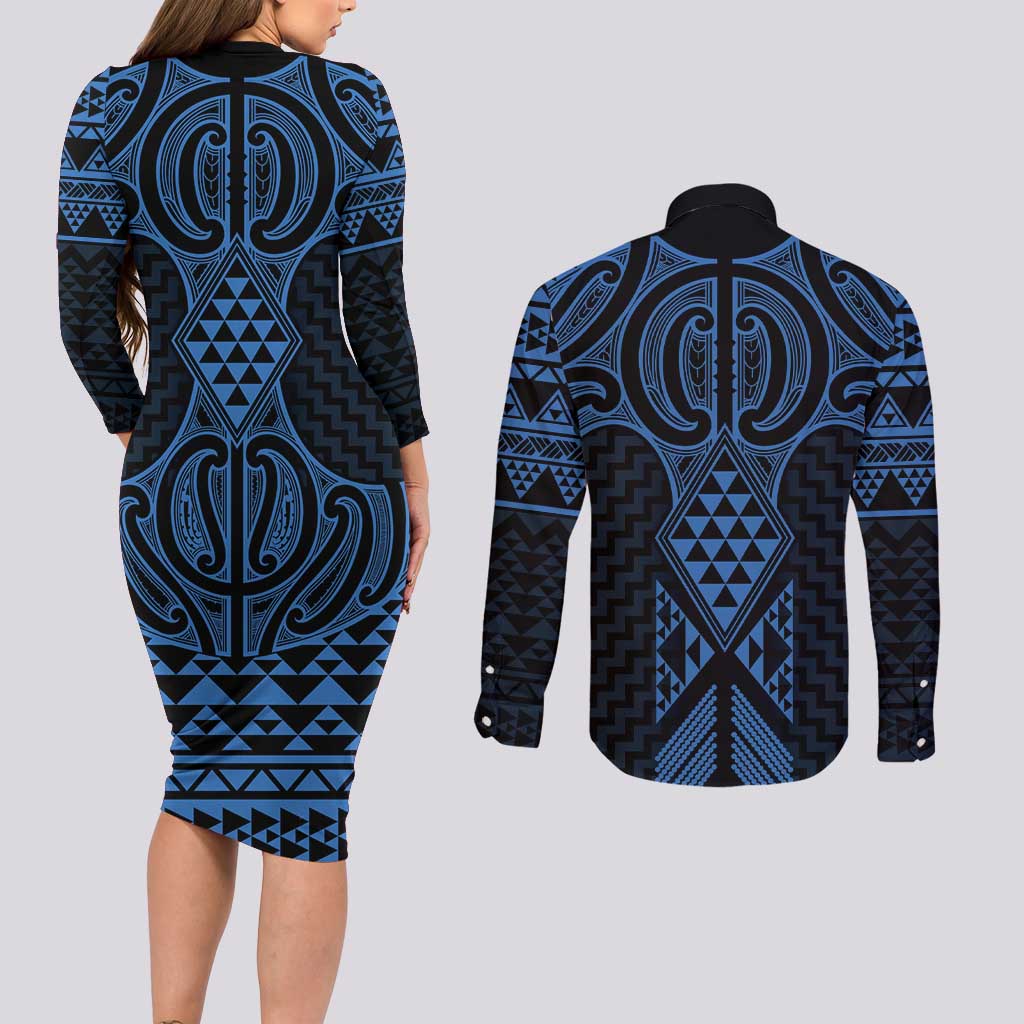 Kikorangi Maori Ta Moko Poutama Art Couples Matching Long Sleeve Bodycon Dress and Long Sleeve Button Shirt
