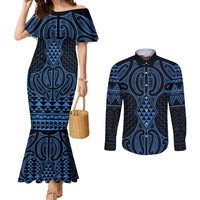 Kikorangi Maori Ta Moko Poutama Art Couples Matching Mermaid Dress and Long Sleeve Button Shirt