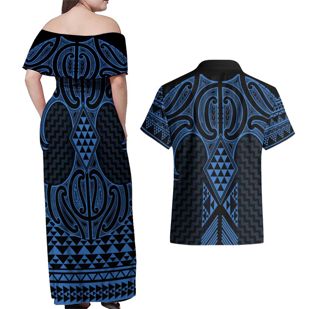 Kikorangi Maori Ta Moko Poutama Art Couples Matching Off Shoulder Maxi Dress and Hawaiian Shirt