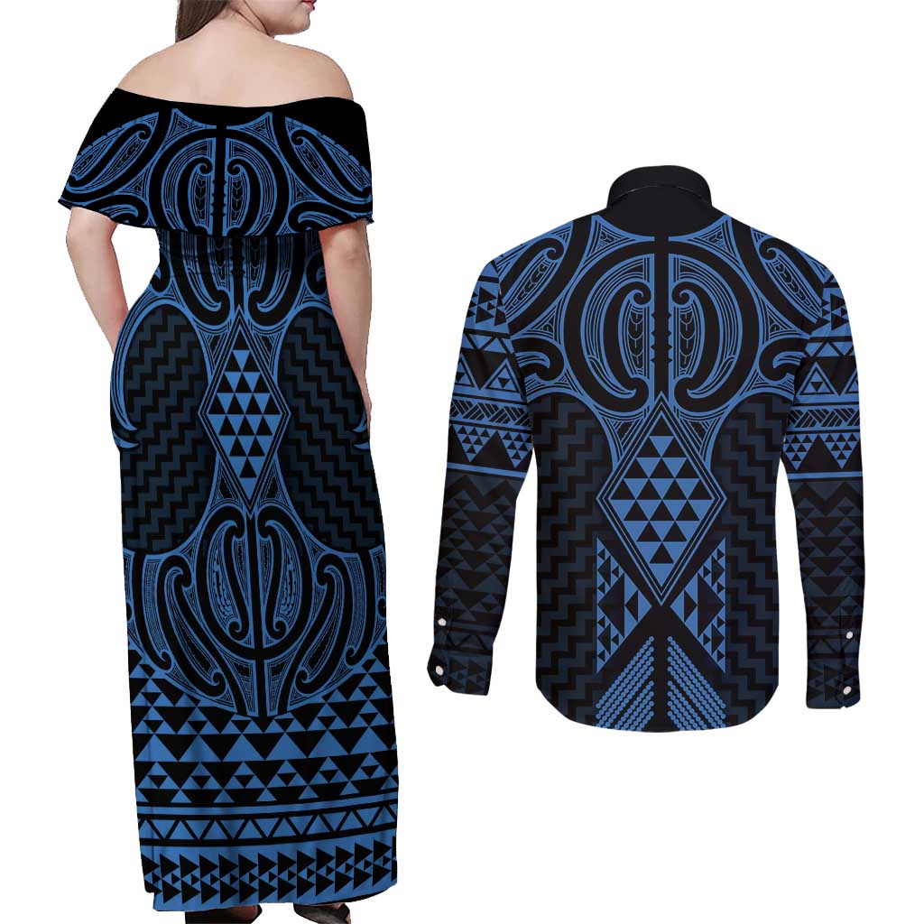 Kikorangi Maori Ta Moko Poutama Art Couples Matching Off Shoulder Maxi Dress and Long Sleeve Button Shirt