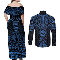 Kikorangi Maori Ta Moko Poutama Art Couples Matching Off Shoulder Maxi Dress and Long Sleeve Button Shirt