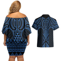 Kikorangi Maori Ta Moko Poutama Art Couples Matching Off Shoulder Short Dress and Hawaiian Shirt