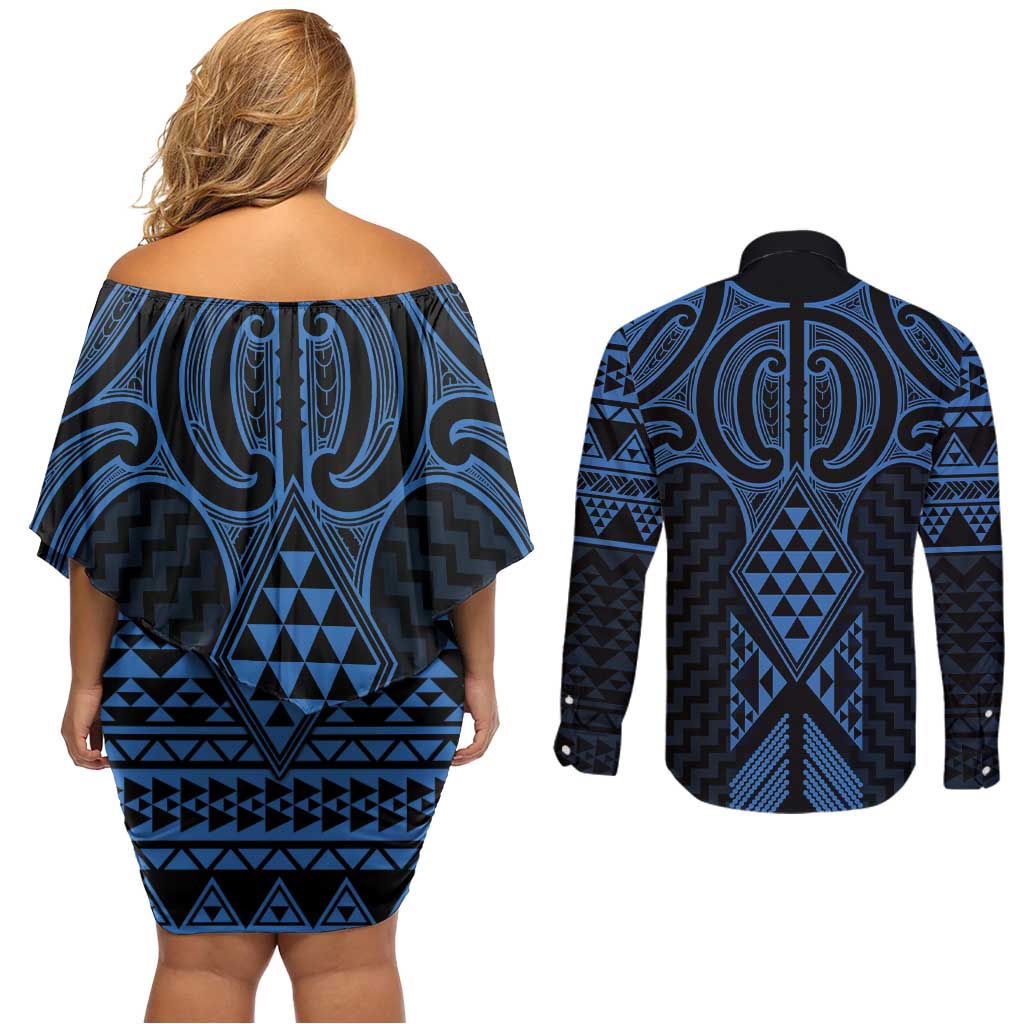 Kikorangi Maori Ta Moko Poutama Art Couples Matching Off Shoulder Short Dress and Long Sleeve Button Shirt
