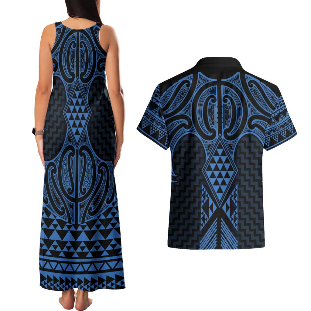 Kikorangi Maori Ta Moko Poutama Art Couples Matching Tank Maxi Dress and Hawaiian Shirt