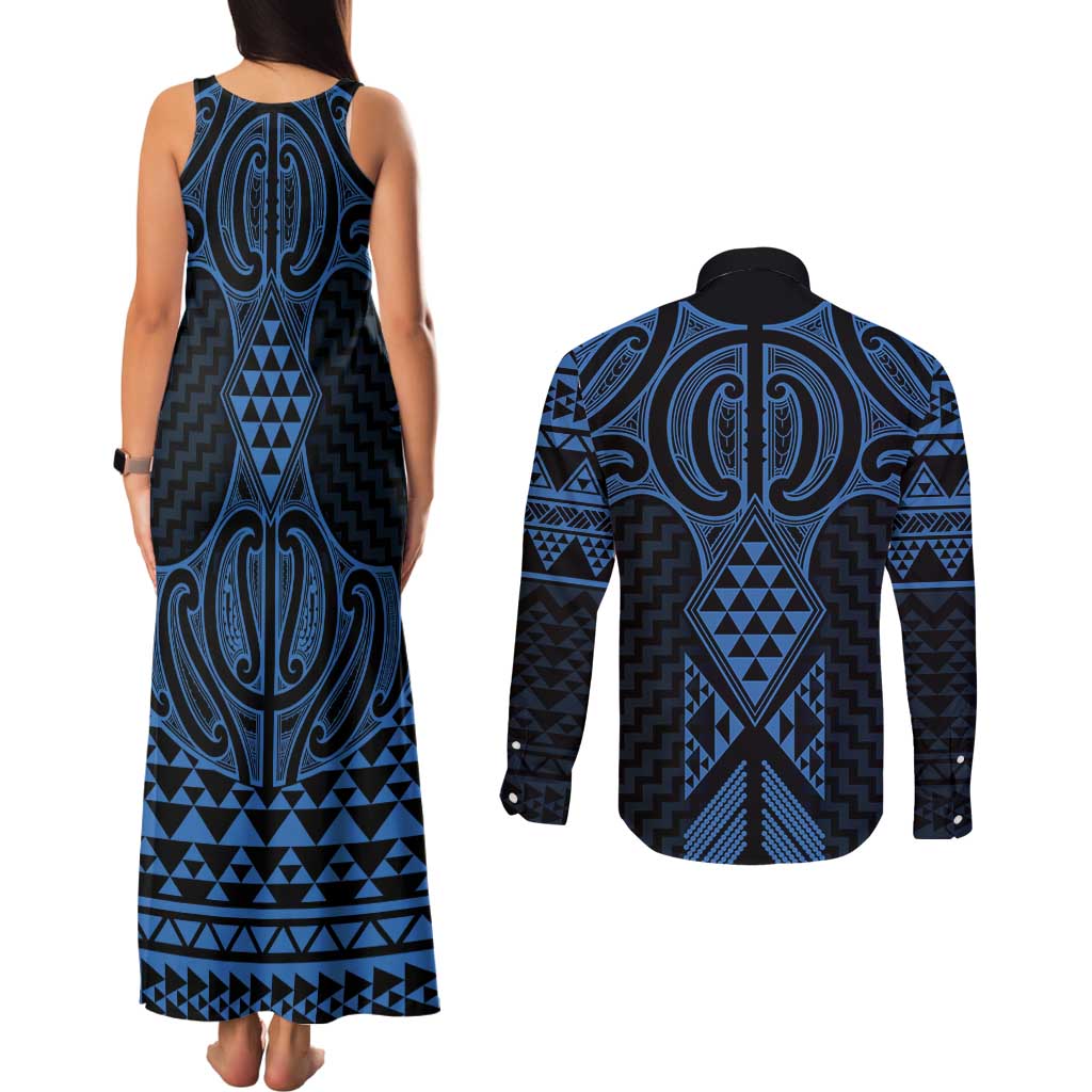 Kikorangi Maori Ta Moko Poutama Art Couples Matching Tank Maxi Dress and Long Sleeve Button Shirt
