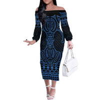 Kikorangi Maori Ta Moko Poutama Art Family Matching Off The Shoulder Long Sleeve Dress and Hawaiian Shirt