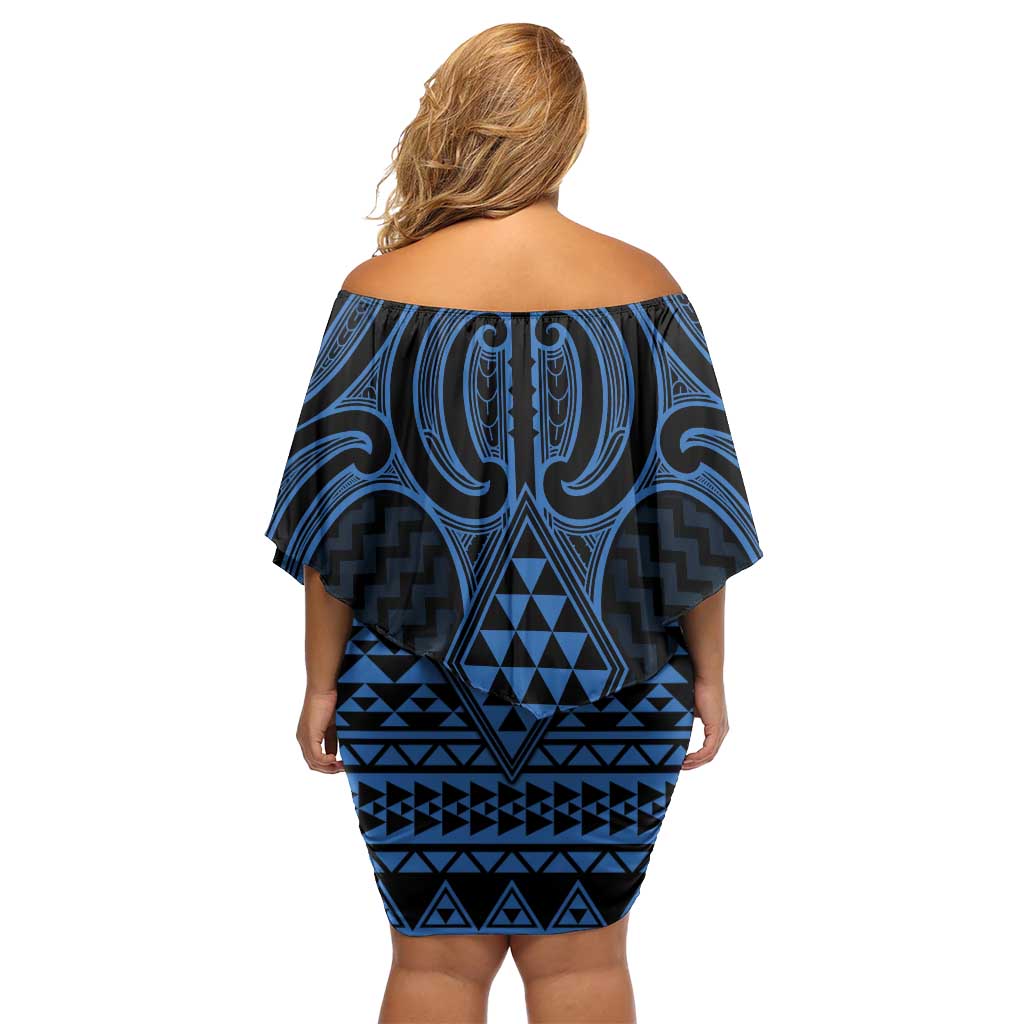 Kikorangi Maori Ta Moko Poutama Art Family Matching Off Shoulder Short Dress and Hawaiian Shirt