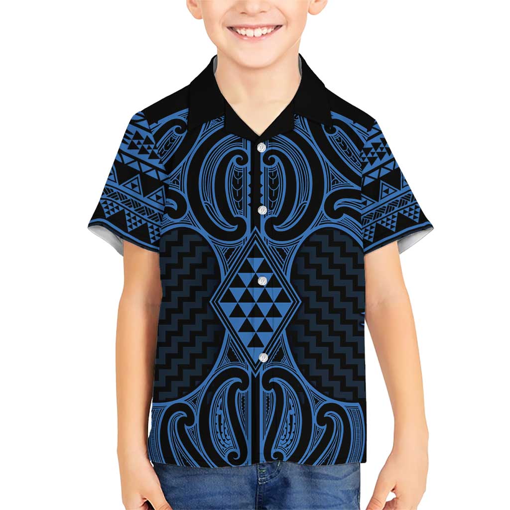 Kikorangi Maori Ta Moko Poutama Art Family Matching Short Sleeve Bodycon Dress and Hawaiian Shirt