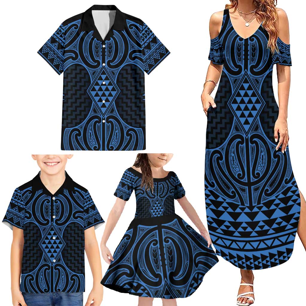 Kikorangi Maori Ta Moko Poutama Art Family Matching Summer Maxi Dress and Hawaiian Shirt