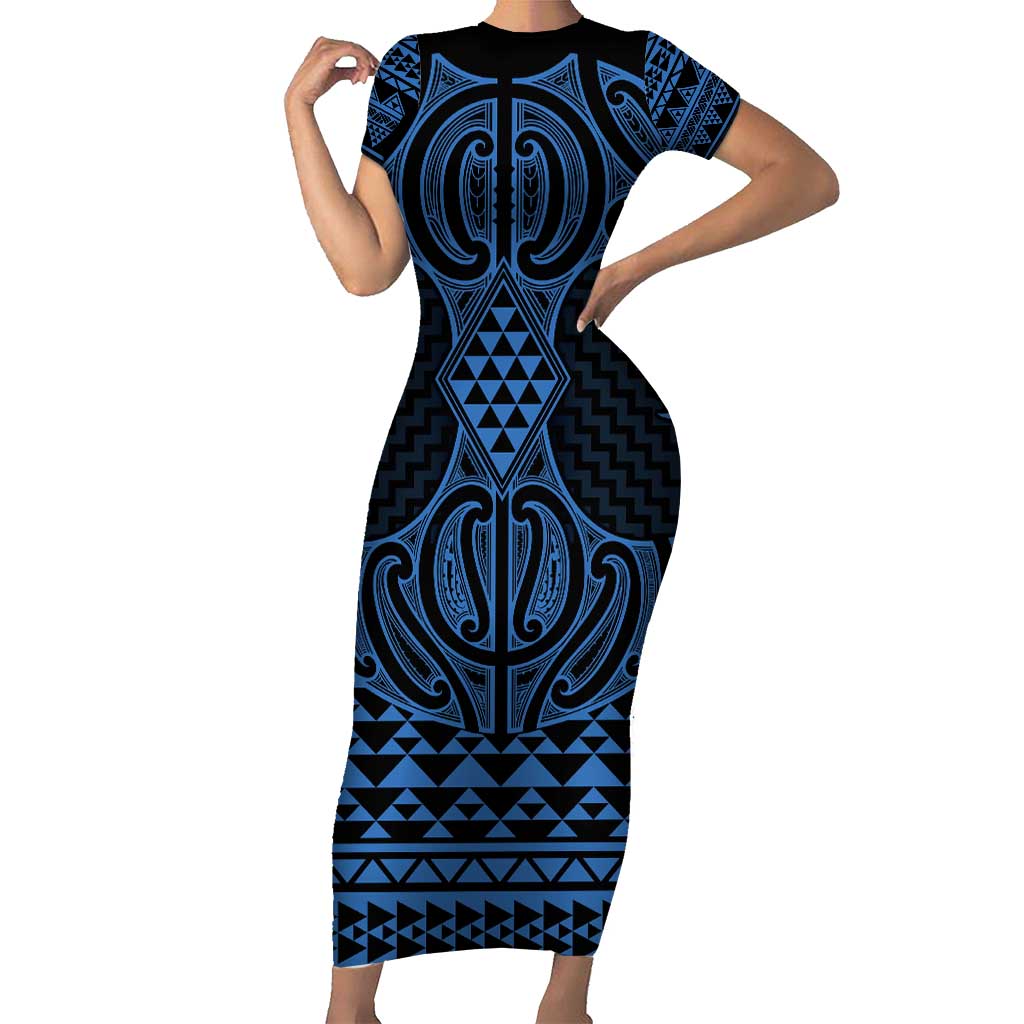 Kikorangi Maori Ta Moko Poutama Art Short Sleeve Bodycon Dress