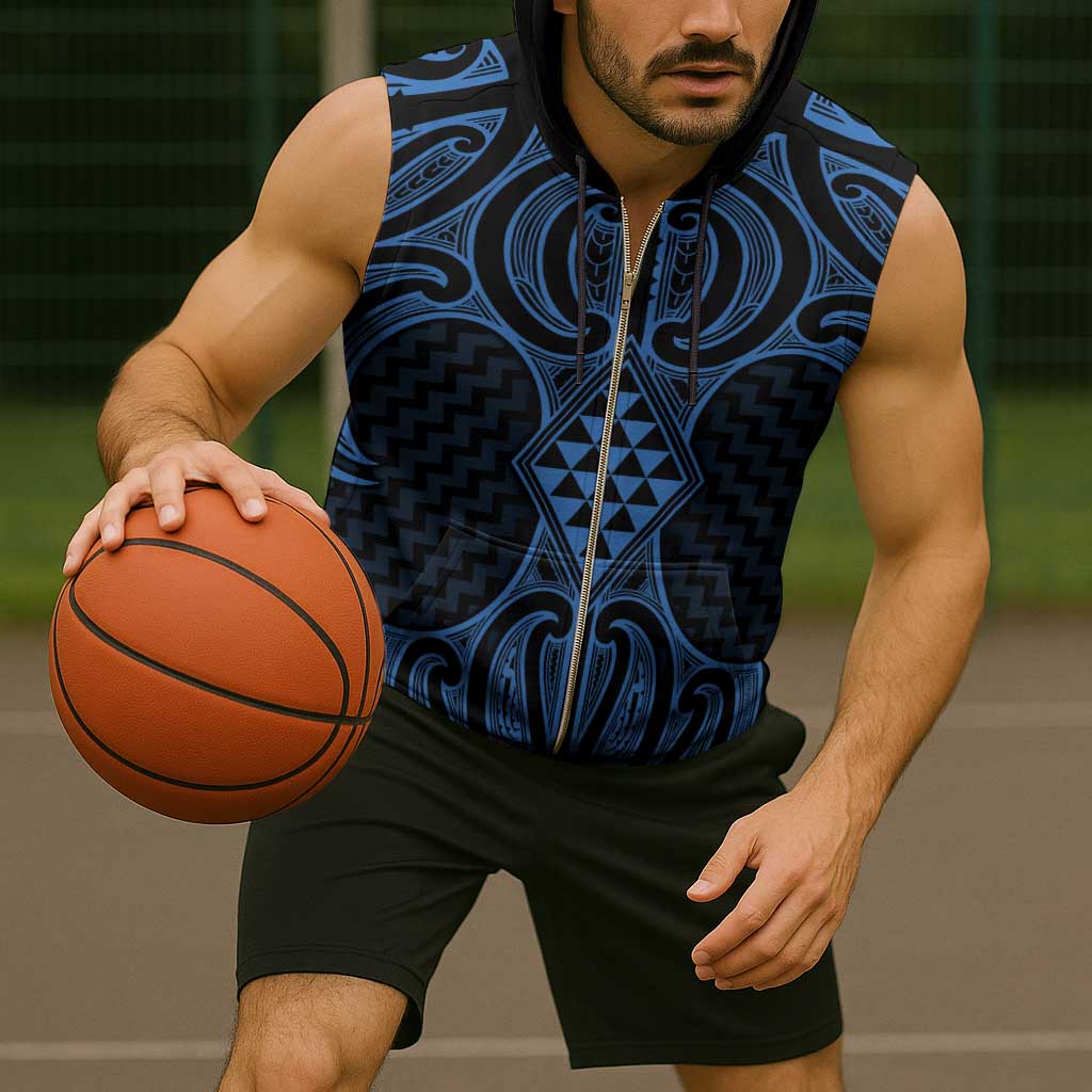 Kikorangi Maori Ta Moko Poutama Art Sleeveless Zip Hoodie - Polynesian Pride
