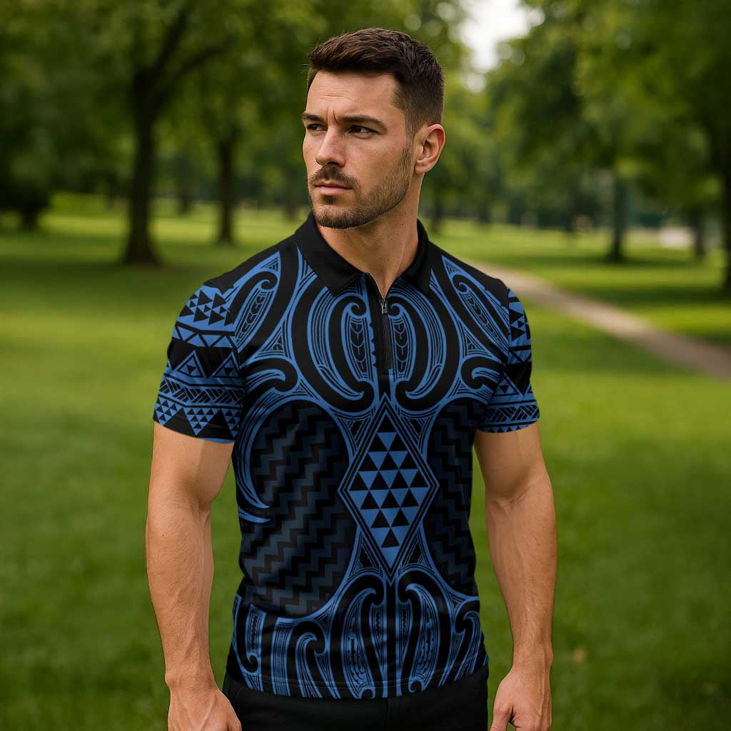 Kikorangi Maori Ta Moko Poutama Art Zipper Polo Shirt - Polynesian Pride