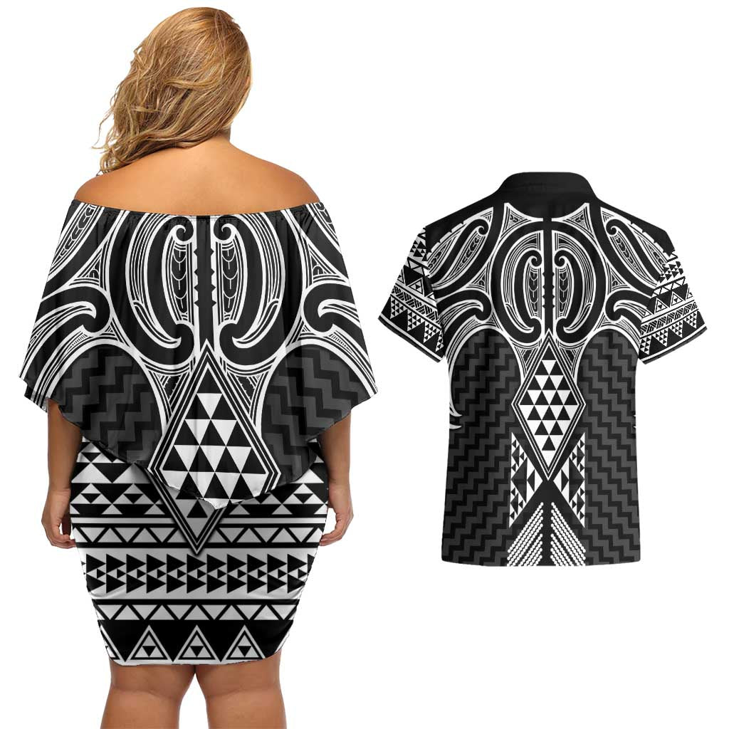 Ma Maori Ta Moko Poutama Art Couples Matching Off Shoulder Short Dress and Hawaiian Shirt