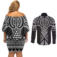 Ma Maori Ta Moko Poutama Art Couples Matching Off Shoulder Short Dress and Long Sleeve Button Shirt