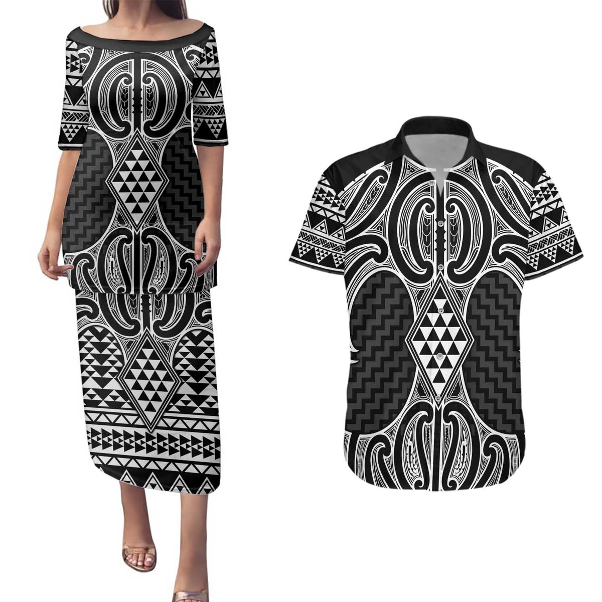 Ma Maori Ta Moko Poutama Art Couples Matching Puletasi and Hawaiian Shirt