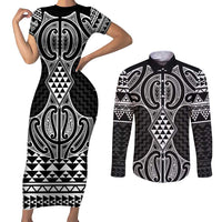 Ma Maori Ta Moko Poutama Art Couples Matching Short Sleeve Bodycon Dress and Long Sleeve Button Shirt
