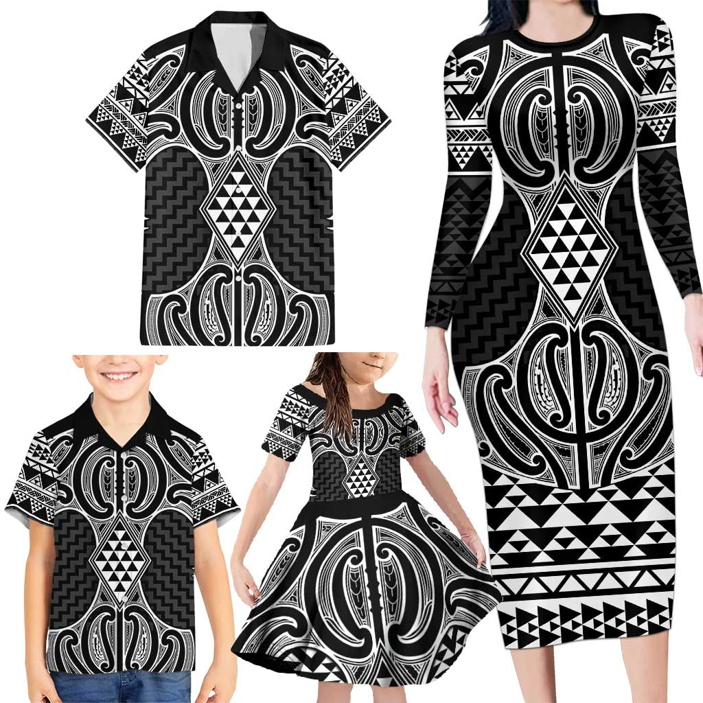 Ma Maori Ta Moko Poutama Art Family Matching Long Sleeve Bodycon Dress and Hawaiian Shirt