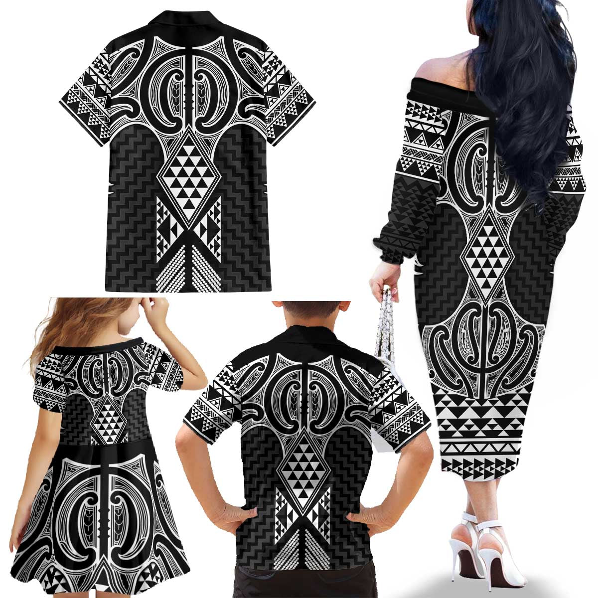 Ma Maori Ta Moko Poutama Art Family Matching Off The Shoulder Long Sleeve Dress and Hawaiian Shirt