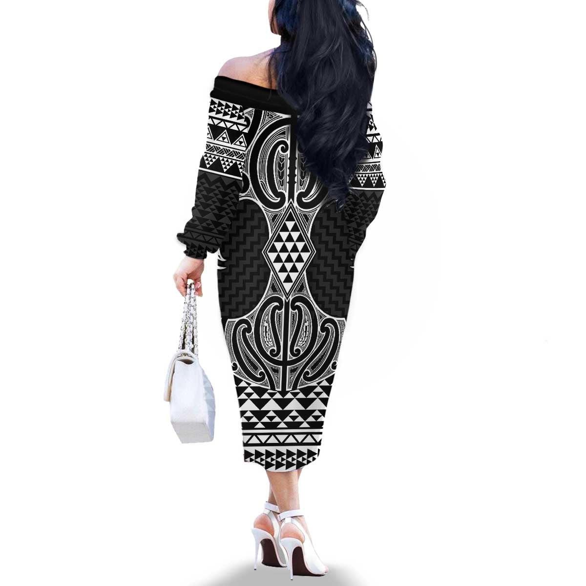 Ma Maori Ta Moko Poutama Art Family Matching Off The Shoulder Long Sleeve Dress and Hawaiian Shirt
