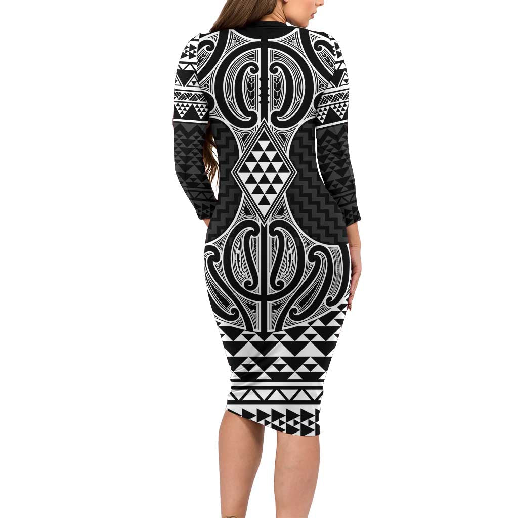 Ma Maori Ta Moko Poutama Art Long Sleeve Bodycon Dress