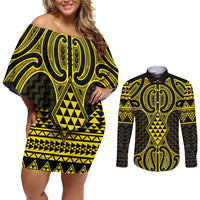 Mahi-dawg Maori Ta Moko Poutama Art Couples Matching Off Shoulder Short Dress and Long Sleeve Button Shirt