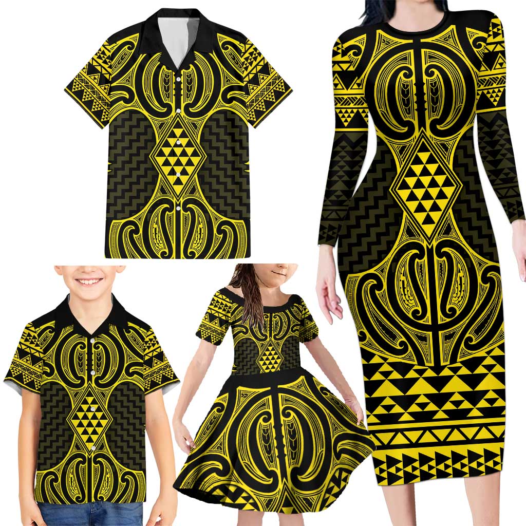 Mahi-dawg Maori Ta Moko Poutama Art Family Matching Long Sleeve Bodycon Dress and Hawaiian Shirt