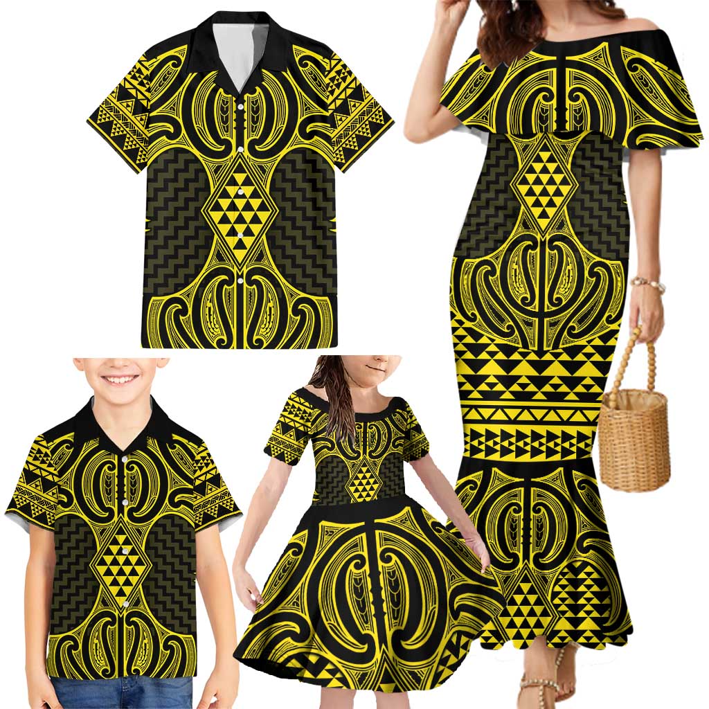 Mahi-dawg Maori Ta Moko Poutama Art Family Matching Mermaid Dress and Hawaiian Shirt