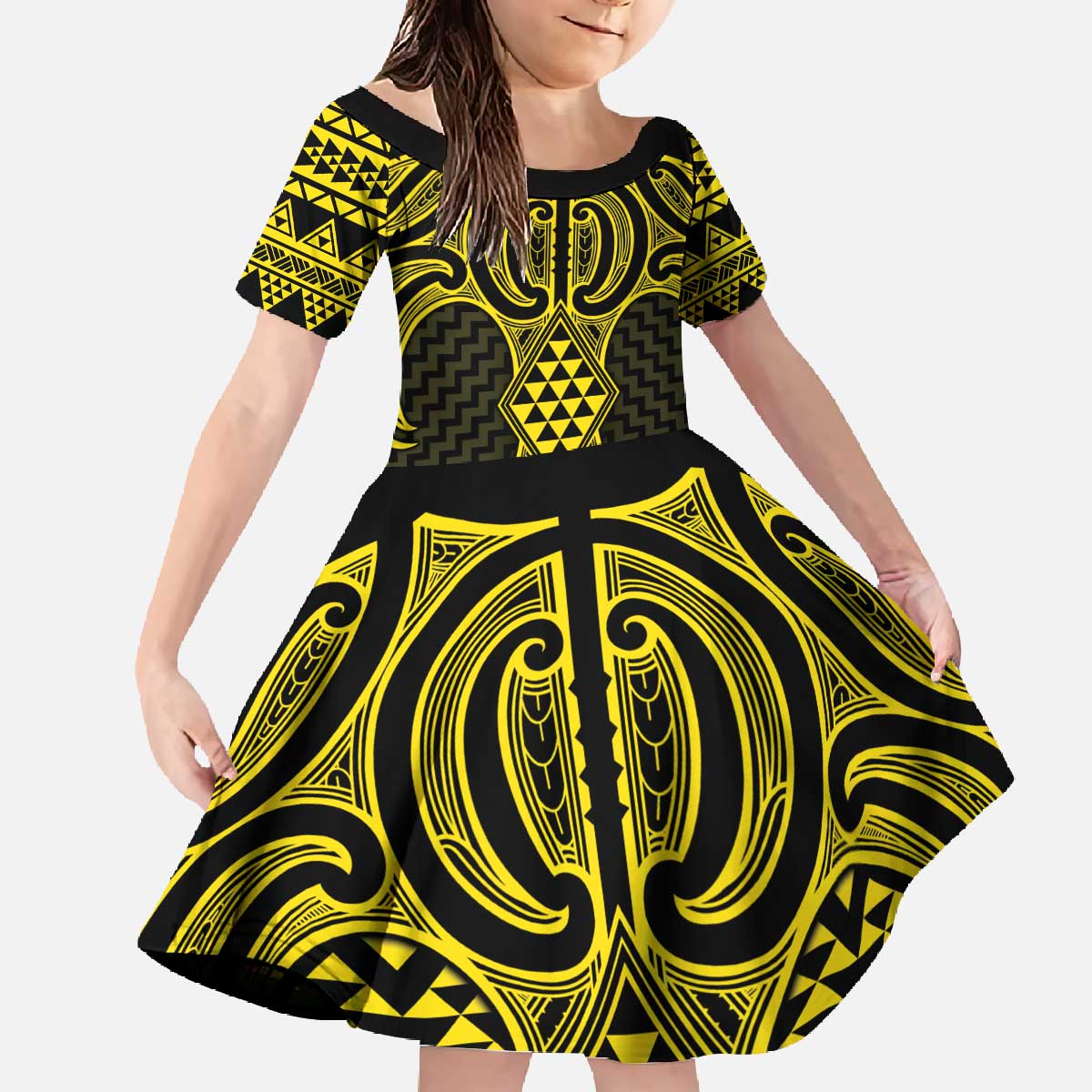 Mahi-dawg Maori Ta Moko Poutama Art Family Matching Off The Shoulder Long Sleeve Dress and Hawaiian Shirt
