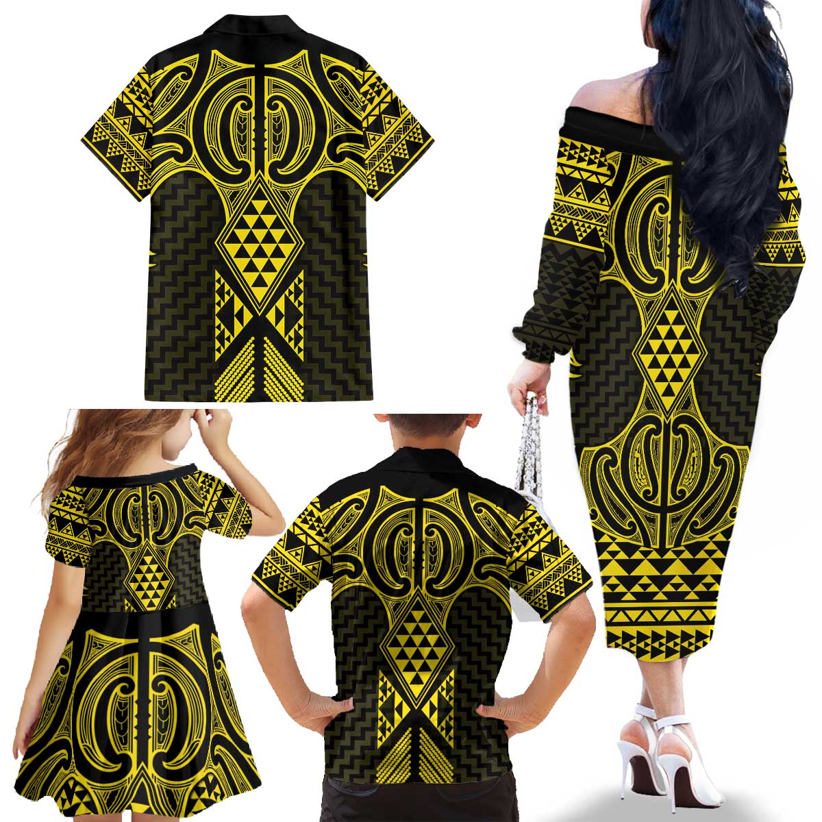 Mahi-dawg Maori Ta Moko Poutama Art Family Matching Off The Shoulder Long Sleeve Dress and Hawaiian Shirt