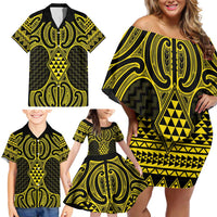 Mahi-dawg Maori Ta Moko Poutama Art Family Matching Off Shoulder Short Dress and Hawaiian Shirt