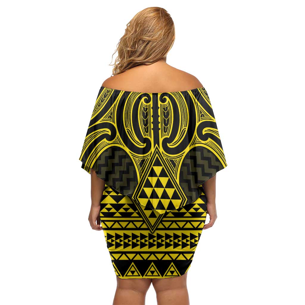 Mahi-dawg Maori Ta Moko Poutama Art Family Matching Off Shoulder Short Dress and Hawaiian Shirt