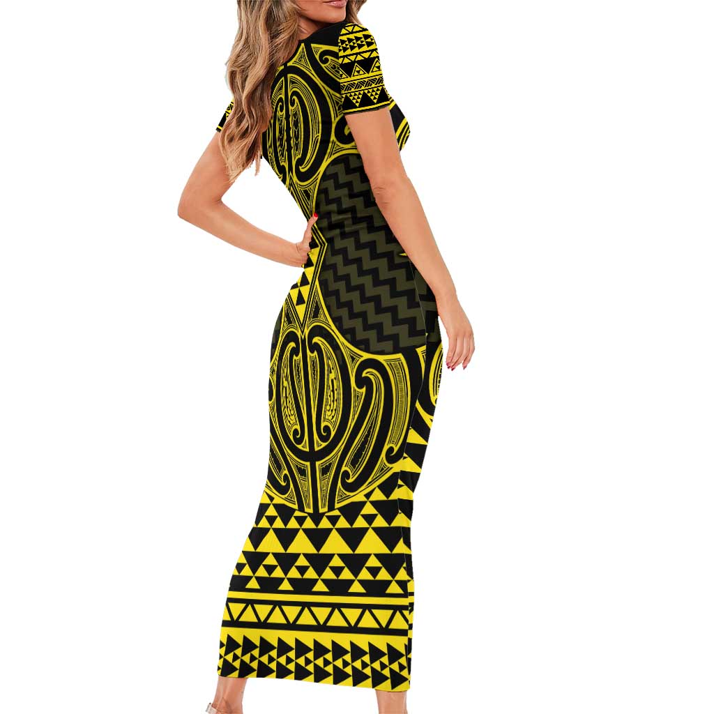 Mahi-dawg Maori Ta Moko Poutama Art Family Matching Short Sleeve Bodycon Dress and Hawaiian Shirt