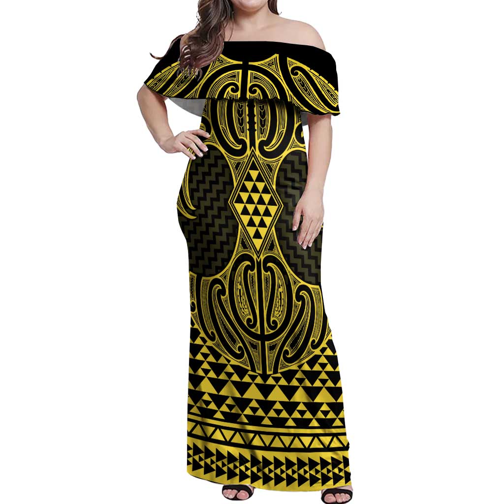 Mahi-dawg Maori Ta Moko Poutama Art Off Shoulder Maxi Dress