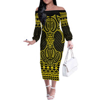Mahi-dawg Maori Ta Moko Poutama Art Off The Shoulder Long Sleeve Dress