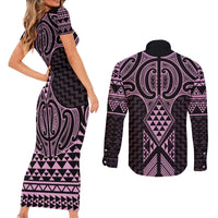 Mawhero Maori Ta Moko Poutama Art Couples Matching Short Sleeve Bodycon Dress and Long Sleeve Button Shirt