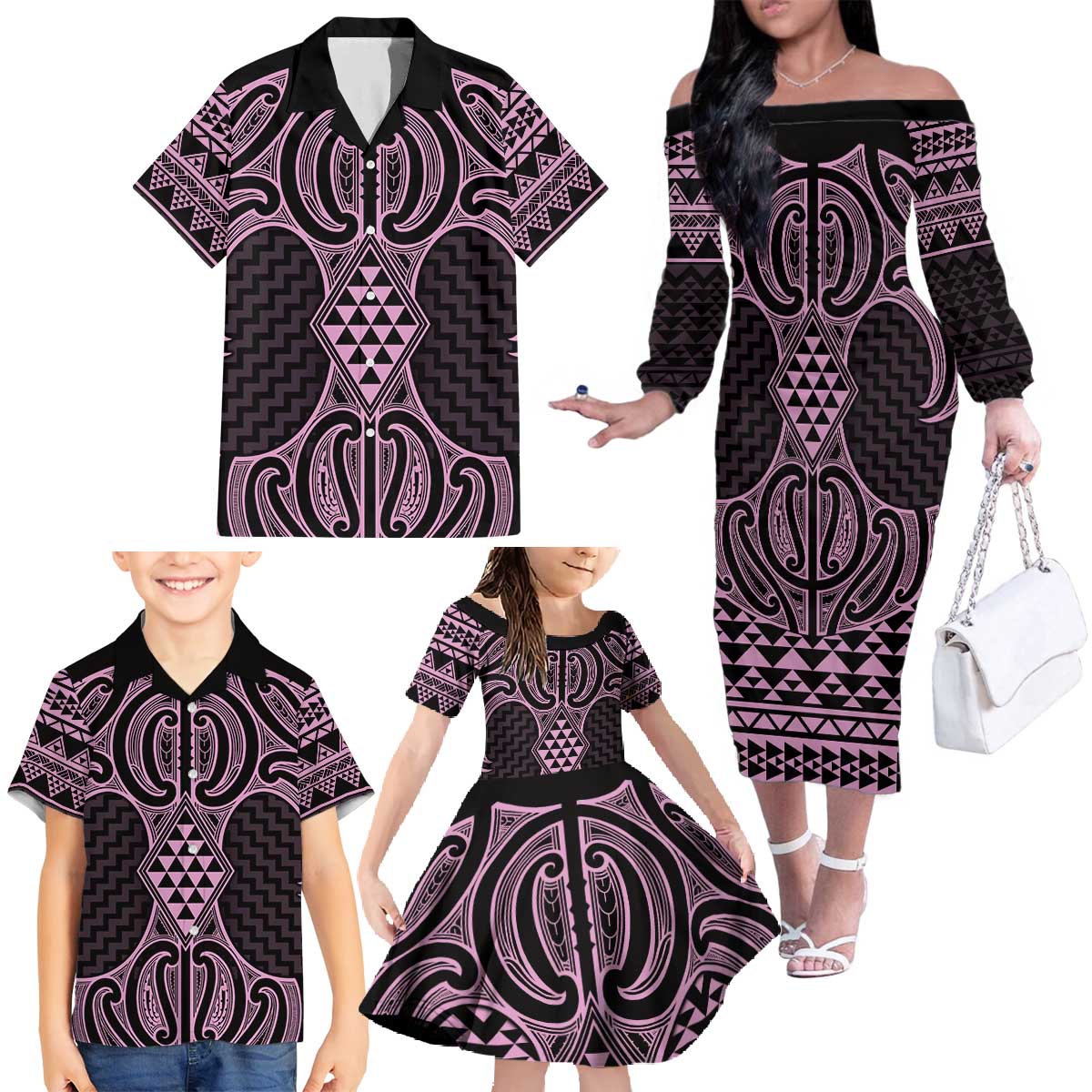Mawhero Maori Ta Moko Poutama Art Family Matching Off The Shoulder Long Sleeve Dress and Hawaiian Shirt