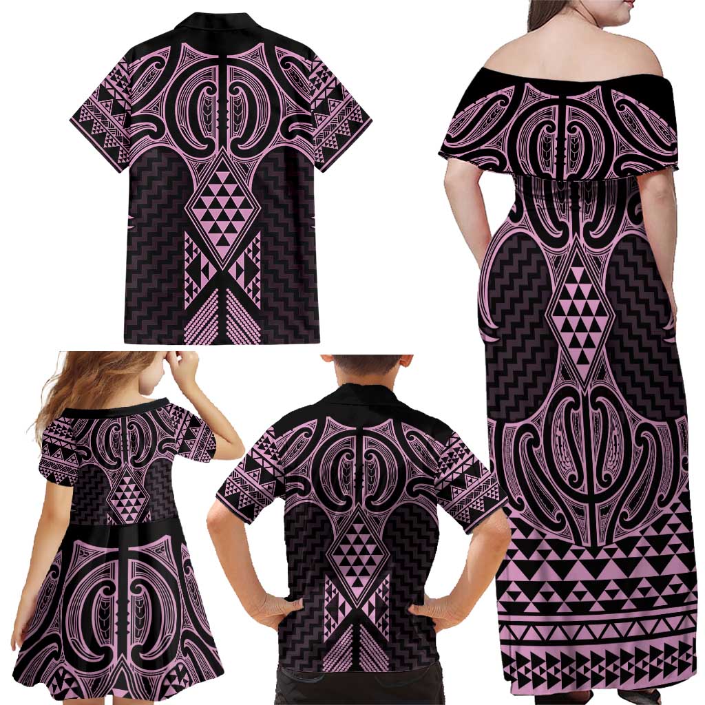 Mawhero Maori Ta Moko Poutama Art Family Matching Off Shoulder Maxi Dress and Hawaiian Shirt