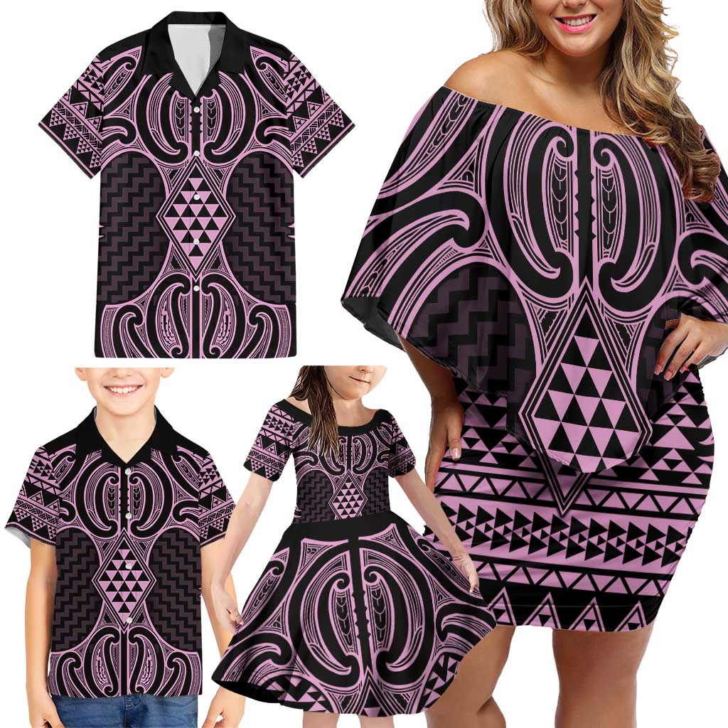 Mawhero Maori Ta Moko Poutama Art Family Matching Off Shoulder Short Dress and Hawaiian Shirt