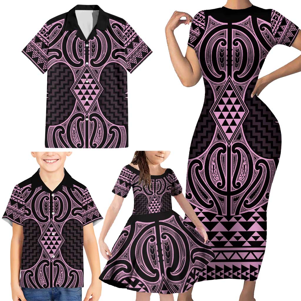 Mawhero Maori Ta Moko Poutama Art Family Matching Short Sleeve Bodycon Dress and Hawaiian Shirt