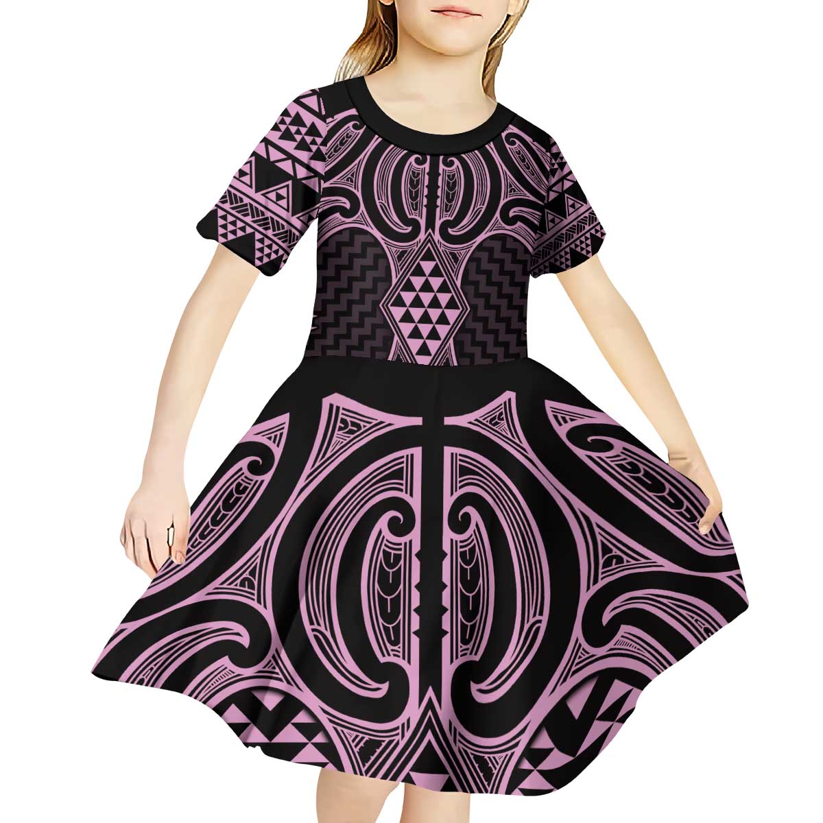 Mawhero Maori Ta Moko Poutama Art Kid Short Sleeve Dress