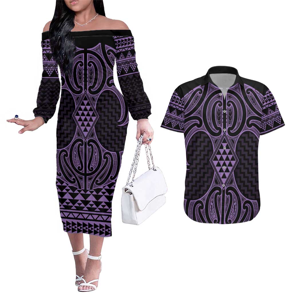 Waiporoporo Maori Ta Moko Poutama Art Couples Matching Off The Shoulder Long Sleeve Dress and Hawaiian Shirt