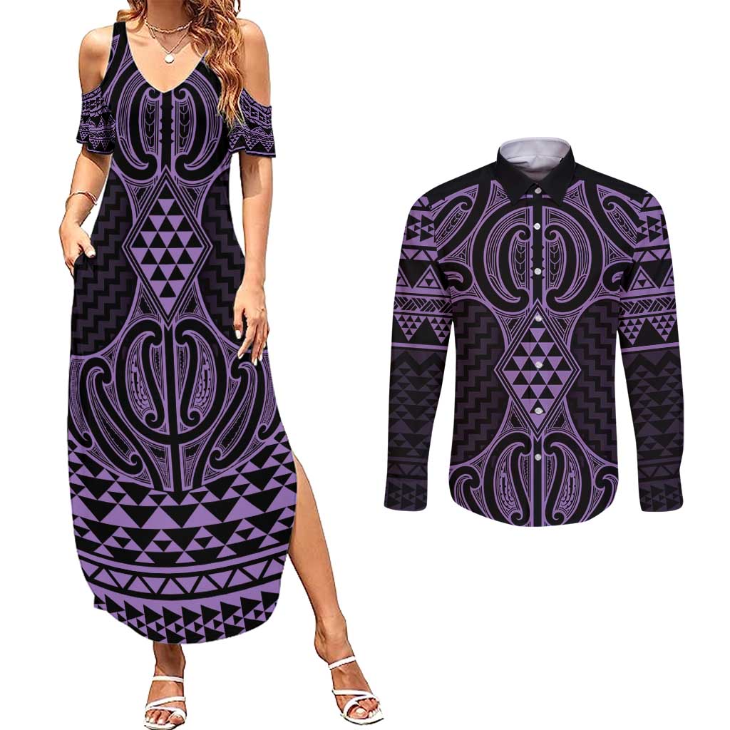 Waiporoporo Maori Ta Moko Poutama Art Couples Matching Summer Maxi Dress and Long Sleeve Button Shirt LT9 Purple - Polynesian Pride