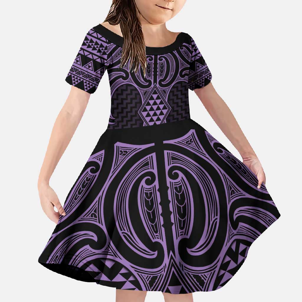 Waiporoporo Maori Ta Moko Poutama Art Family Matching Long Sleeve Bodycon Dress and Hawaiian Shirt LT9 Daughter's Dress Purple - Polynesian Pride