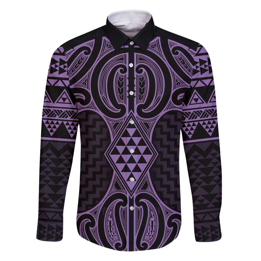Waiporoporo Maori Ta Moko Poutama Art Family Matching Long Sleeve Bodycon Dress and Hawaiian Shirt LT9 Dad's Shirt - Long Sleeve Purple - Polynesian Pride