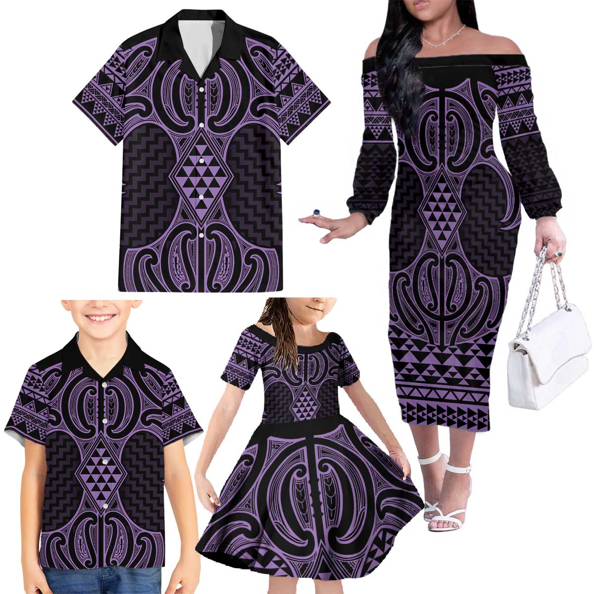Waiporoporo Maori Ta Moko Poutama Art Family Matching Off The Shoulder Long Sleeve Dress and Hawaiian Shirt